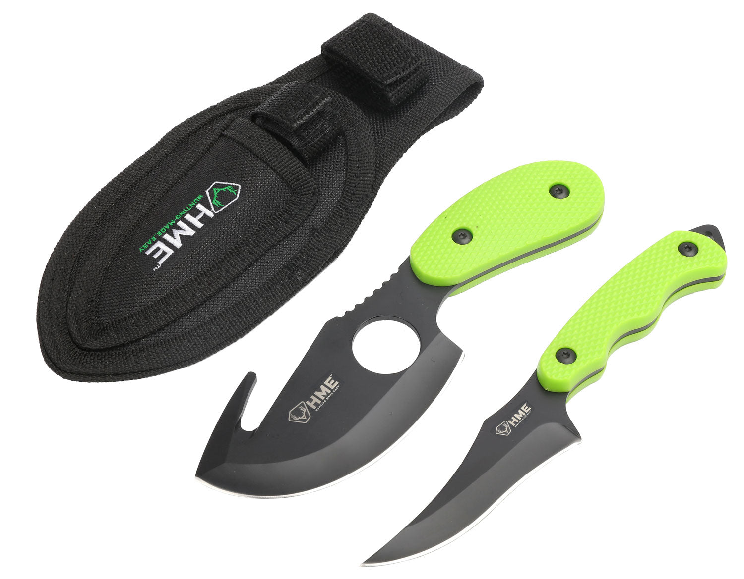 HME 2-Piece Fixed Blade Skinning Set 3.50" Gut Hook Knife and Caper 420HC Steel Black Oxide Finish Green Thermoplastic Rubber Handle