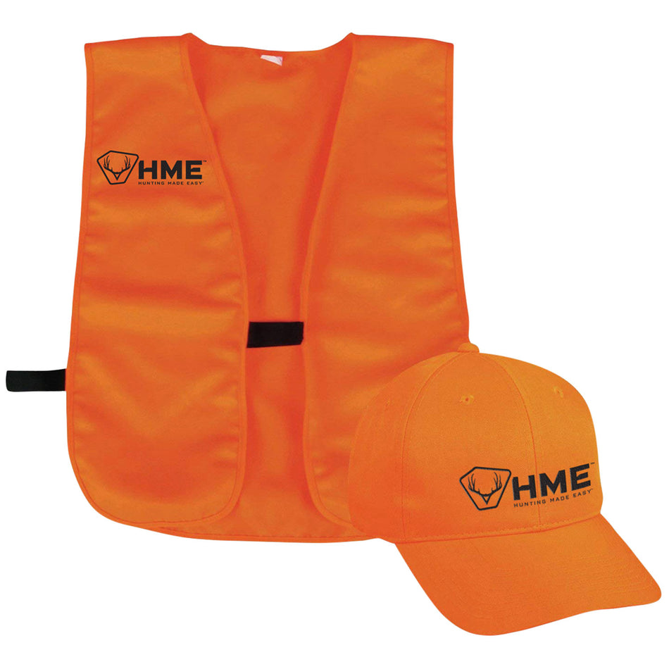 HME Blaze Orange Safety Vest and Matching Cap OSFA Polyester Machine Washable