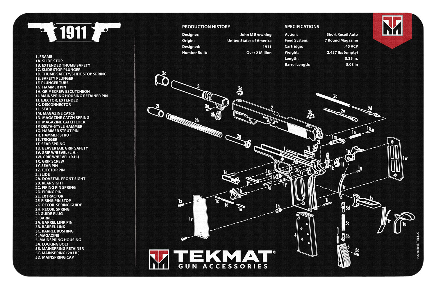 TekMat 17" 1911 Parts Diagram Rubber Cleaning Mat Black/White 11"x17"