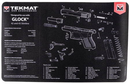TekMat 17" Glock 42/43 Parts Diagram Rubber Cleaning Mat Black/White 11"x17"