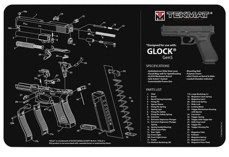 TekMat 17" Glock Gen5 Parts Diagram Rubber Cleaning Mat Black/White 11"x17"