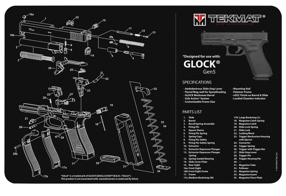 TekMat 17" Glock Gen5 Parts Diagram Rubber Cleaning Mat Black/White 11"x17"