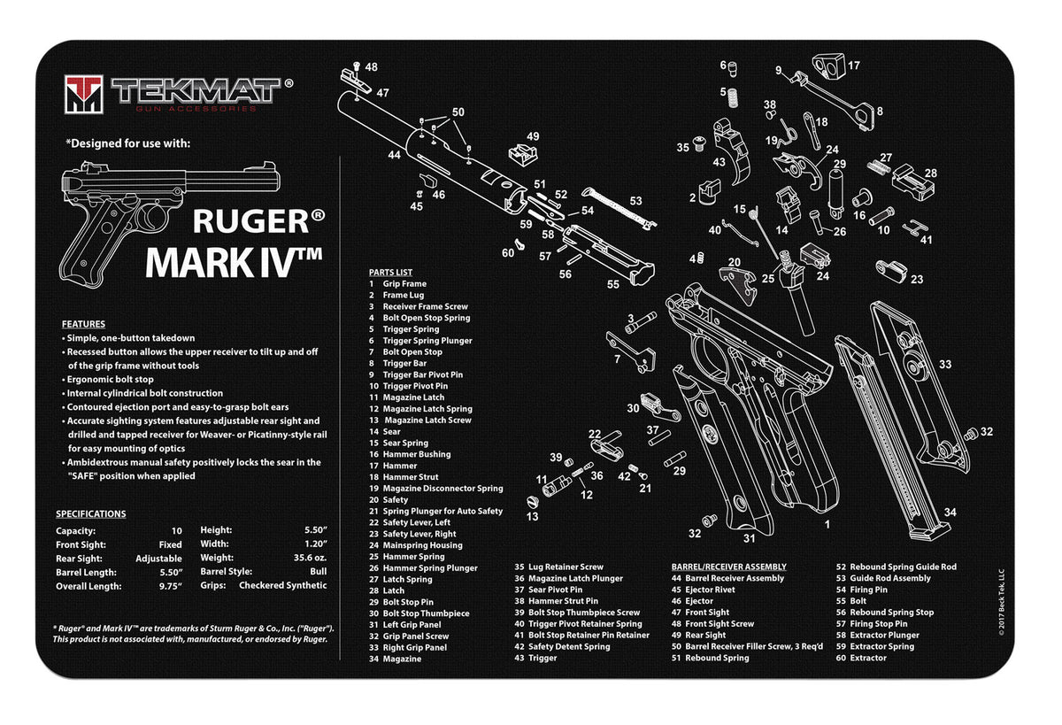 TekMat 17" Ruger Mark IV Parts Diagram Rubber Cleaning Mat Black/White 11"x17"