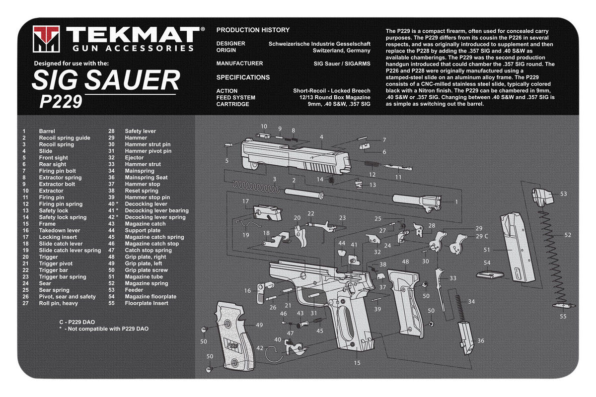 TekMat 17" Sig P229 Parts Diagram Rubber Cleaning Mat Black/White 11"x17"