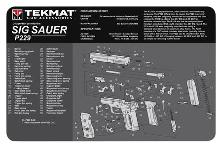 TekMat 17" Sig P229 Parts Diagram Rubber Cleaning Mat Black/White 11"x17"