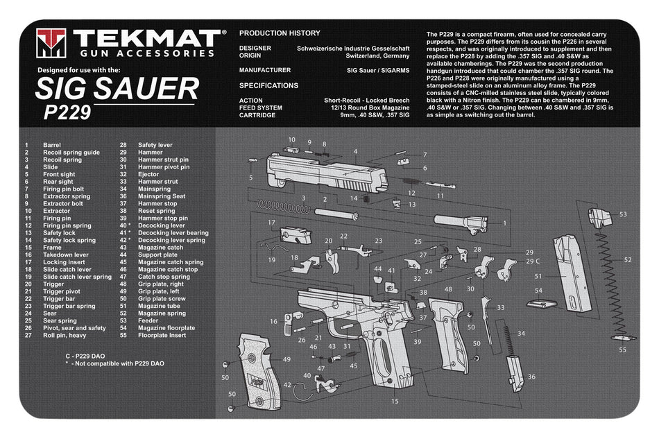 TekMat 17" Sig P229 Parts Diagram Rubber Cleaning Mat Black/White 11"x17"