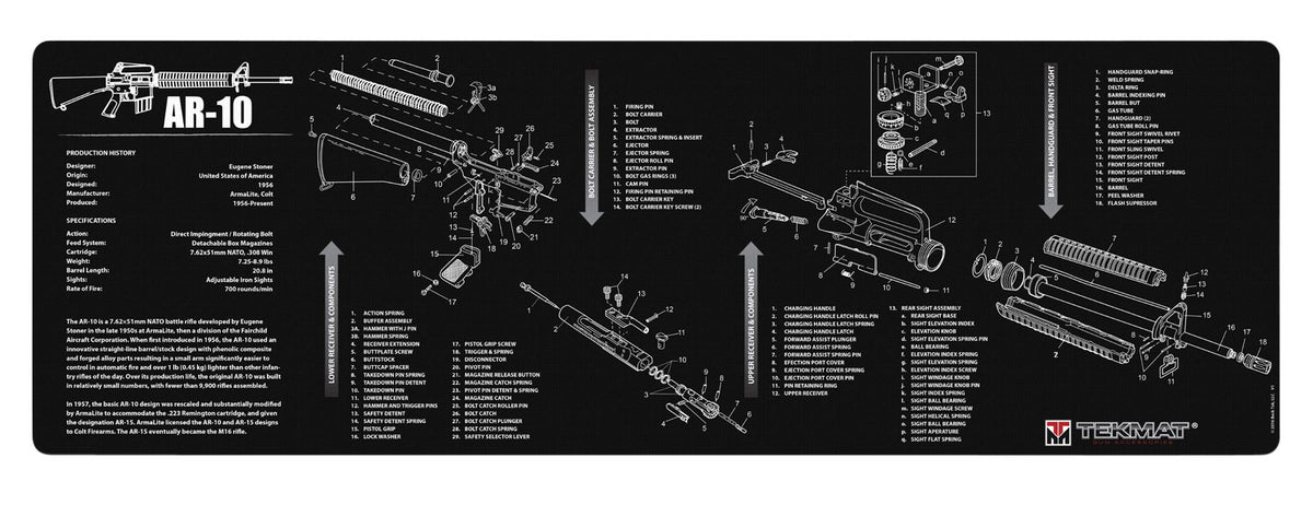 TekMat 36" AR-10 Parts Diagram Rubber Cleaning Mat Black/White 12"x36"
