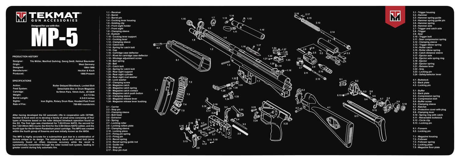 TekMat MP5 Oversized Gun Cleaning Mat 12"x36" Rubber with MP5 Parts Diagram