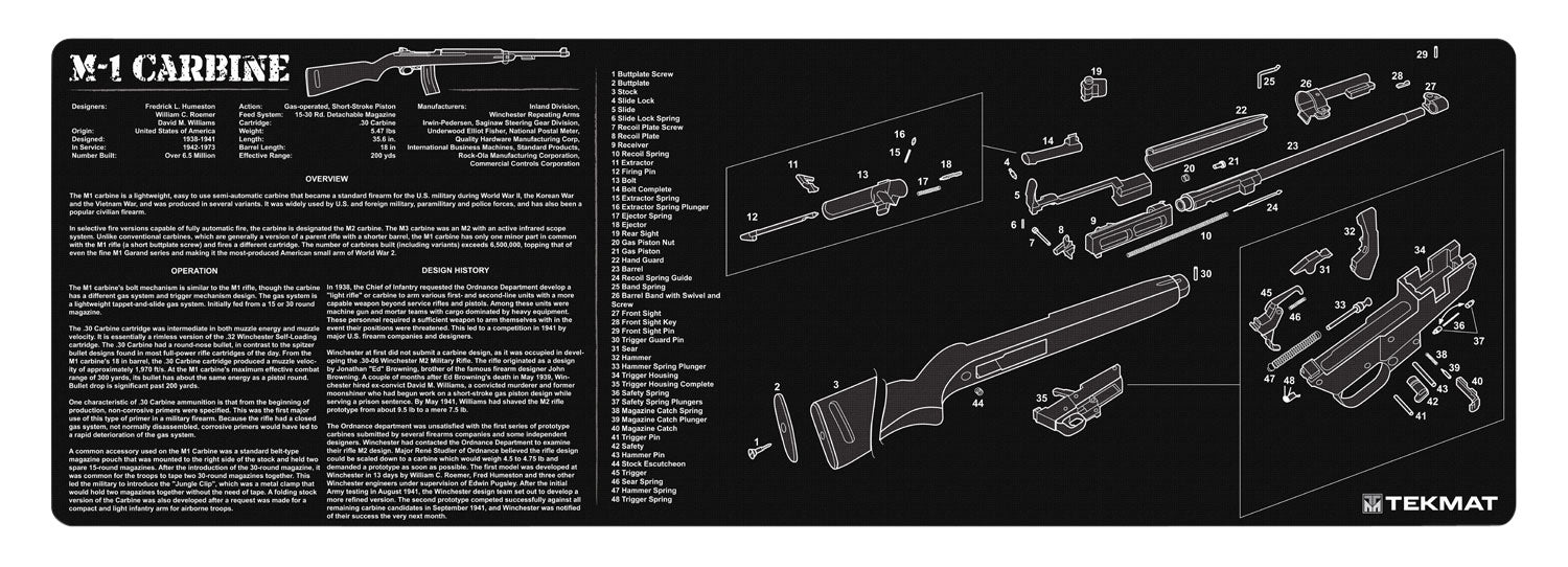 TekMat Oversized M1 Carbine Gun Cleaning Mat 12"x36" Rubber with Parts Diagram