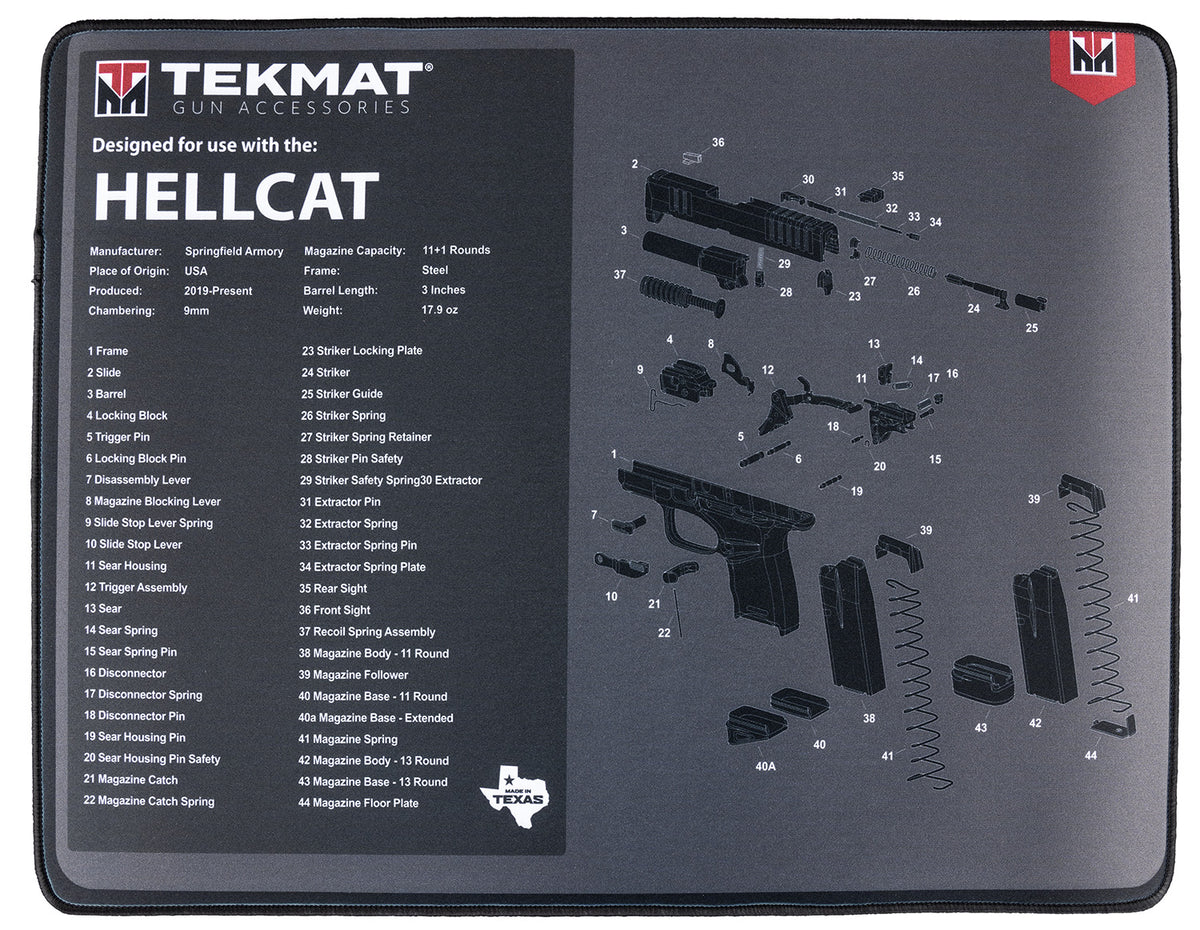 TekMat Hellcat Padded Gun Cleaning Mat 15"x20" Black/Gray Rubber with Parts Diagram