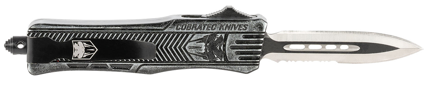 CobraTec CTK-1 2.75" Small OTF Dagger D2 Steel Part Serrated Blade Stonewashed Aluminum Handle Glass Breaker & Clip