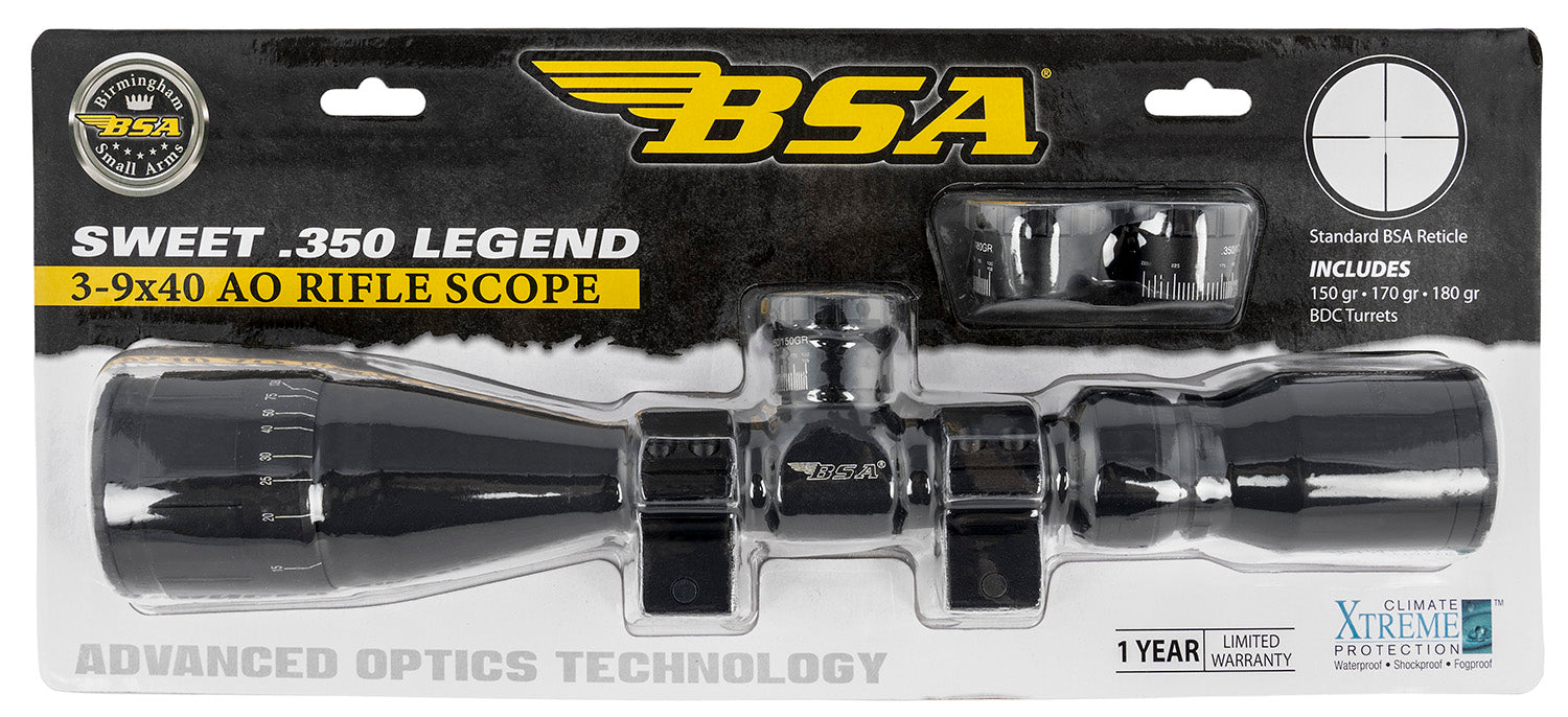 BSA 350 Legend AO Riflescope 3-9x40mm Matte Black 30/30 Reticle with Weaver Ring Mounts