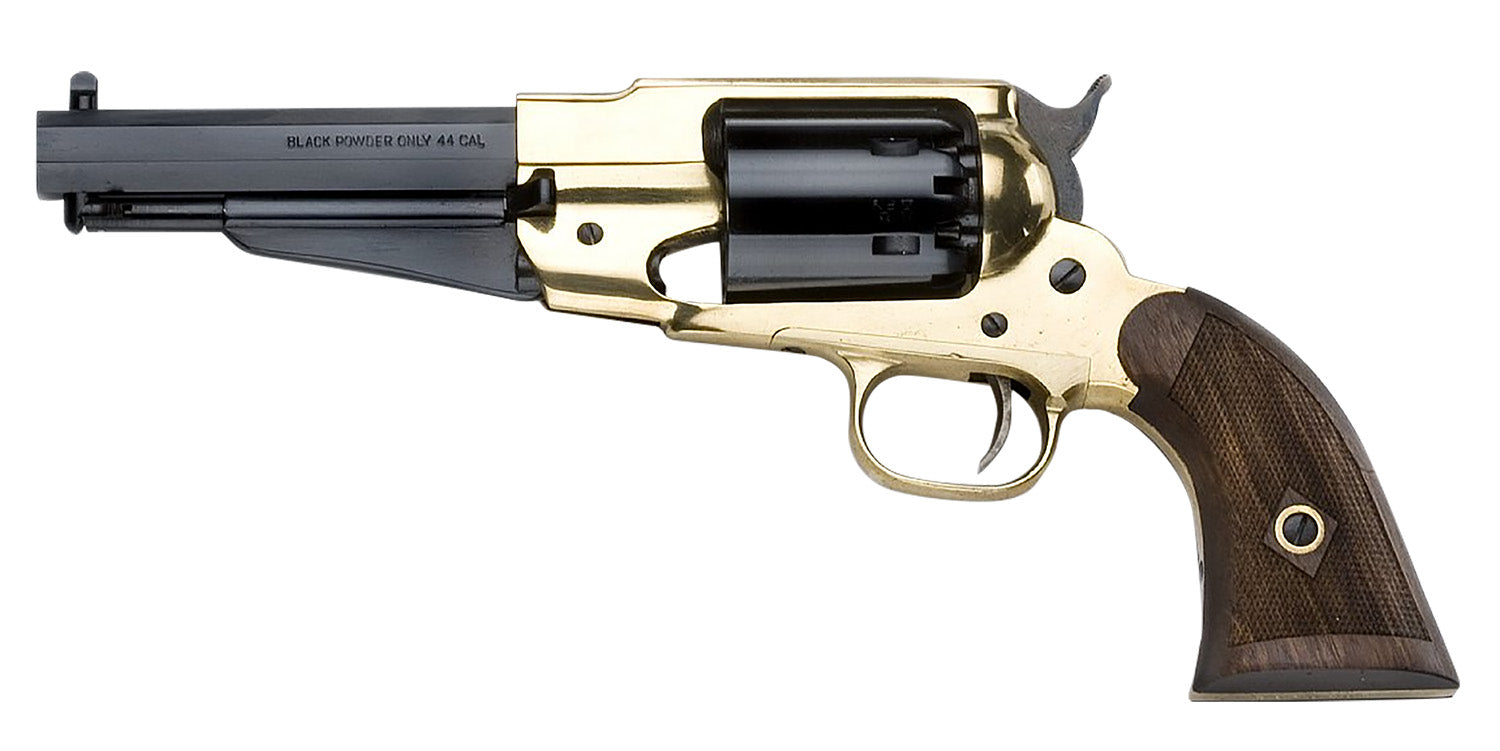 Pietta PF58BR44512 1858 Remington Brass Sheriff 44 Cal 6rd 5.50" Blued Octagonal Steel Barrel & Cylinder, Brass Frame, Checkered Walnut Grip