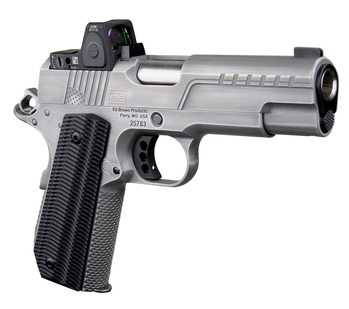 Ed Brown FX2SS FX2 45 ACP 7+1 4.25" Recessed Crown Barrel, Stainless Steel Engraved American Flag/Serrated Slide, Stainless Steel Frame, Trijicon RMRcc 3.25 MOA Sight