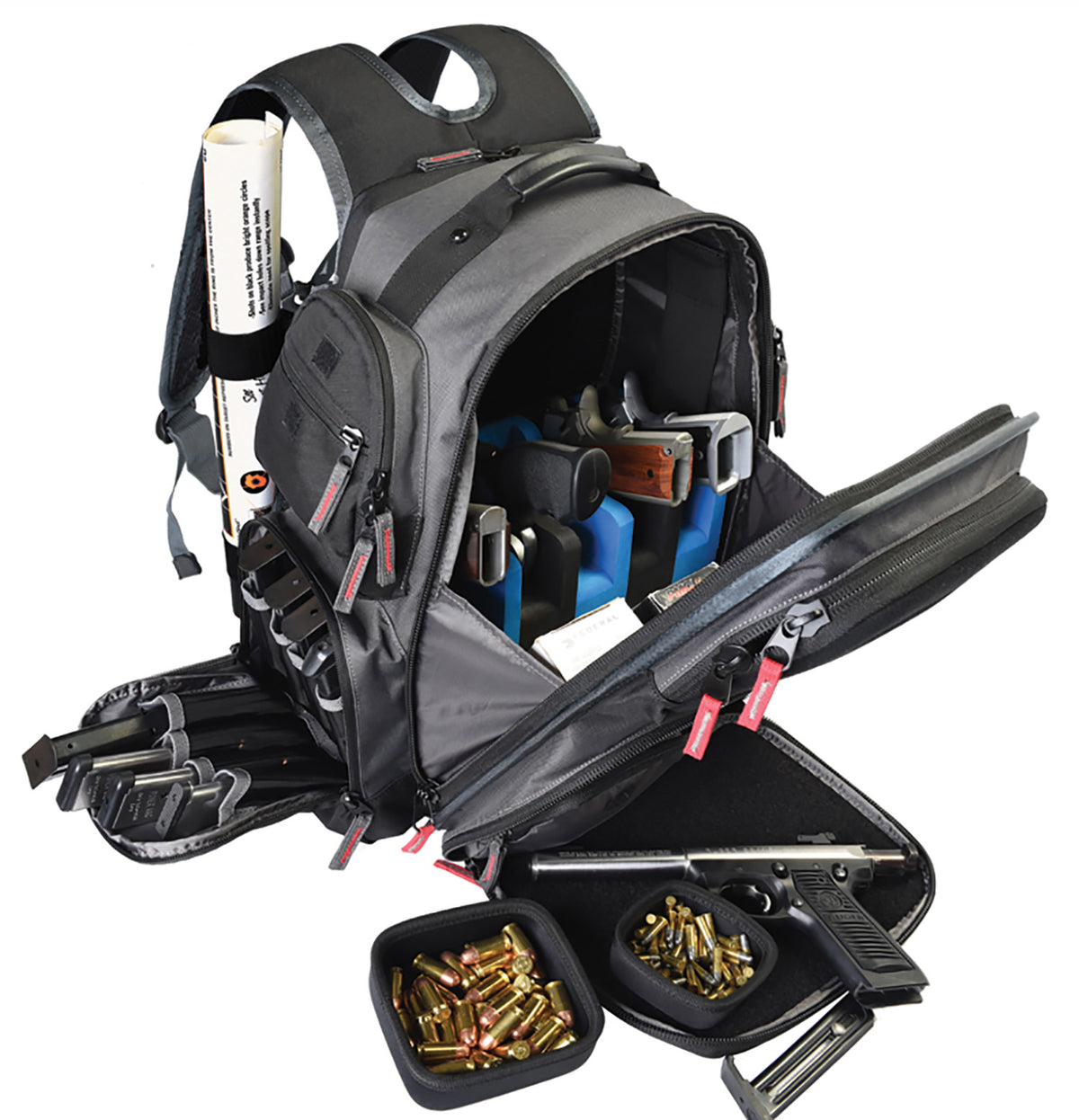 GPS Executive Gray Shooting Backpack 16 Visual ID Patches Holds 5 Handguns