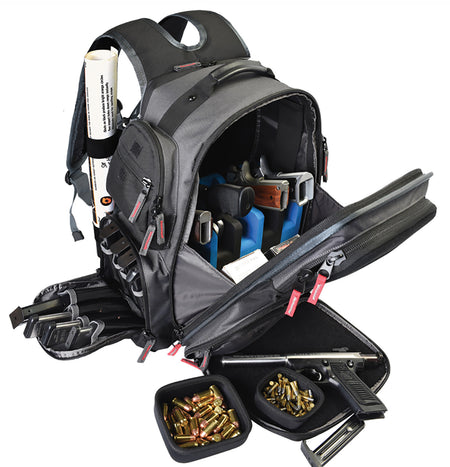 GPS Executive Gray Shooting Backpack 16 Visual ID Patches Holds 5 Handguns