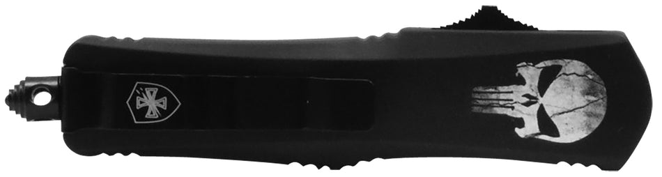 Templar Gen II LFL431 Fallen OTF Large Dagger Knife, 3.50" Black Oxide Serrated 440C Blade, 5.25" Black Skull Aluminum Handle with Glass Breaker