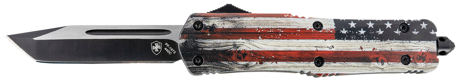 Templar Gen II LWUS231 Wood US Flag OTF Large Tanto Knife, 3.50" Black Oxide 440C Blade, 5.25" Painted Wood Grain US Flag Aluminum Handle with Glass Breaker