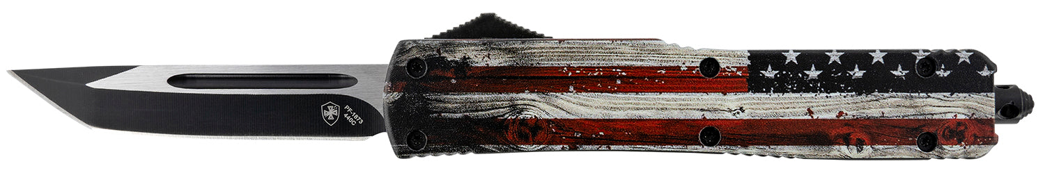 Templar Gen II MWUS231 Wood US Flag OTF Slim Tanto Knife, 3.43" Black Oxide 440C Blade, 5.05" Painted Wood Grain US Flag Aluminum Handle with Glass Breaker