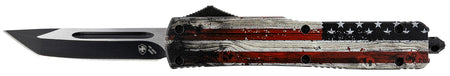 Templar Gen II MWUS231 Wood US Flag OTF Slim Tanto Knife, 3.43" Black Oxide 440C Blade, 5.05" Painted Wood Grain US Flag Aluminum Handle with Glass Breaker