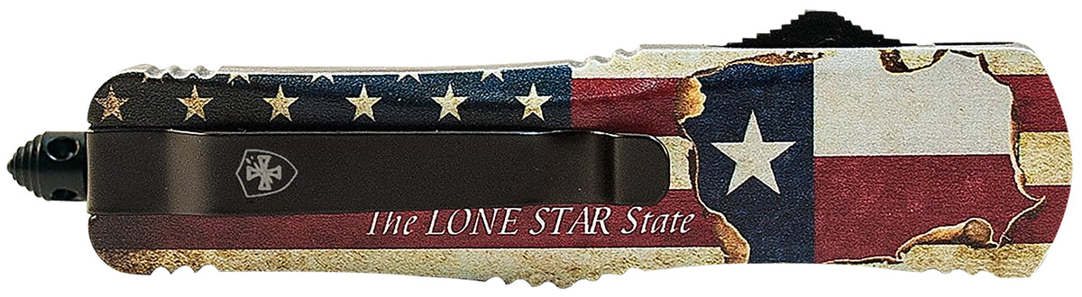 Templar Gen II LTX631 Texan OTF Large Drop Point Knife, 3.50" Black Oxide Part Serrated 440C Blade, 5.25" Texas Flag Aluminum Handle with Glass Breaker
