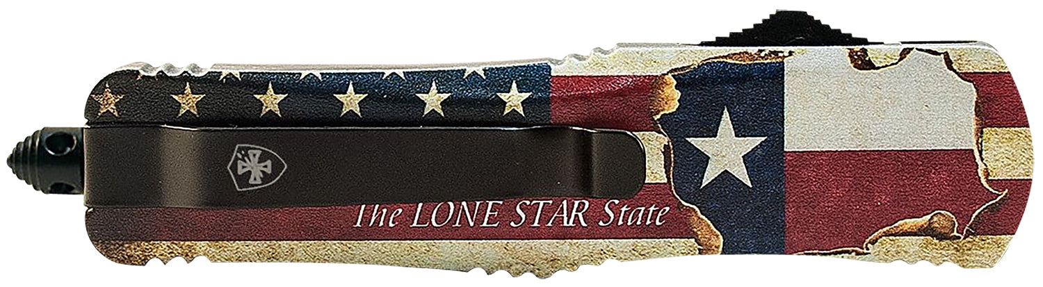 Templar Gen II LTX631 Texan OTF Large Drop Point Knife, 3.50" Black Oxide Part Serrated 440C Blade, 5.25" Texas Flag Aluminum Handle with Glass Breaker