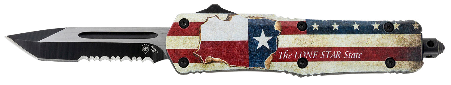Templar Gen II STX531 Texan OTF Small Tanto Knife, 2.25" Black Oxide Part Serrated 440C Blade, 4.31" Texas Flag Aluminum Handle with Glass Breaker