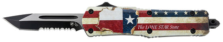 Templar Gen II STX531 Texan OTF Small Tanto Knife, 2.25" Black Oxide Part Serrated 440C Blade, 4.31" Texas Flag Aluminum Handle with Glass Breaker
