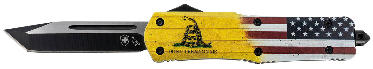 Templar Gen II LDTOM231 Don't Tread On Me OTF Large Tanto Knife, 3.50" Black Oxide 440C Blade, 5.25" Yellow w/Flag Aluminum Handle with Glass Breaker