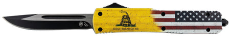 Templar Gen II MDTOM331 Don't Tread On Me OTF Slim Drop Point Knife, 3.50" Black Oxide 440C Blade, 5.05" Yellow w/Flag Aluminum Handle with Glass Breaker