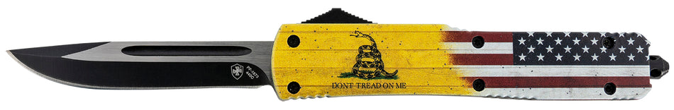 Templar Gen II MDTOM331 Don't Tread On Me OTF Slim Drop Point Knife, 3.50" Black Oxide 440C Blade, 5.05" Yellow w/Flag Aluminum Handle with Glass Breaker