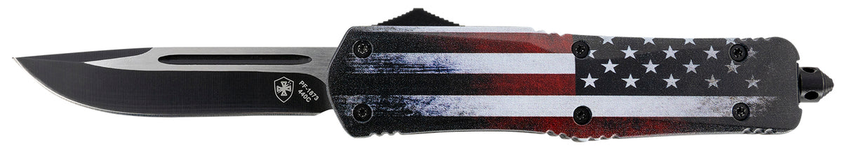 Templar Gen II LUS331 US Flag OTF Large Drop Point Knife, 3.50" Black Oxide 440C Blade, 5.25" US Flag Aluminum Handle with Glass Breaker