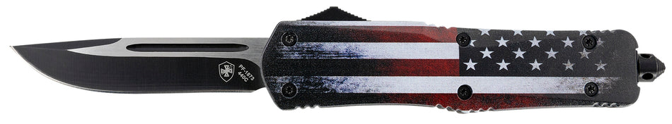 Templar Gen II LUS331 US Flag OTF Large Drop Point Knife, 3.50" Black Oxide 440C Blade, 5.25" US Flag Aluminum Handle with Glass Breaker