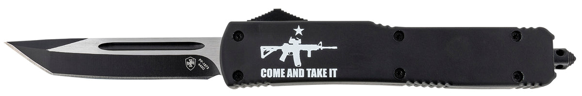 Templar Knife Come And Take It Slim 3.43" OTF Tant Plain 440C Blade, Black AR-15 Aluminum Handle & Glass Breaker