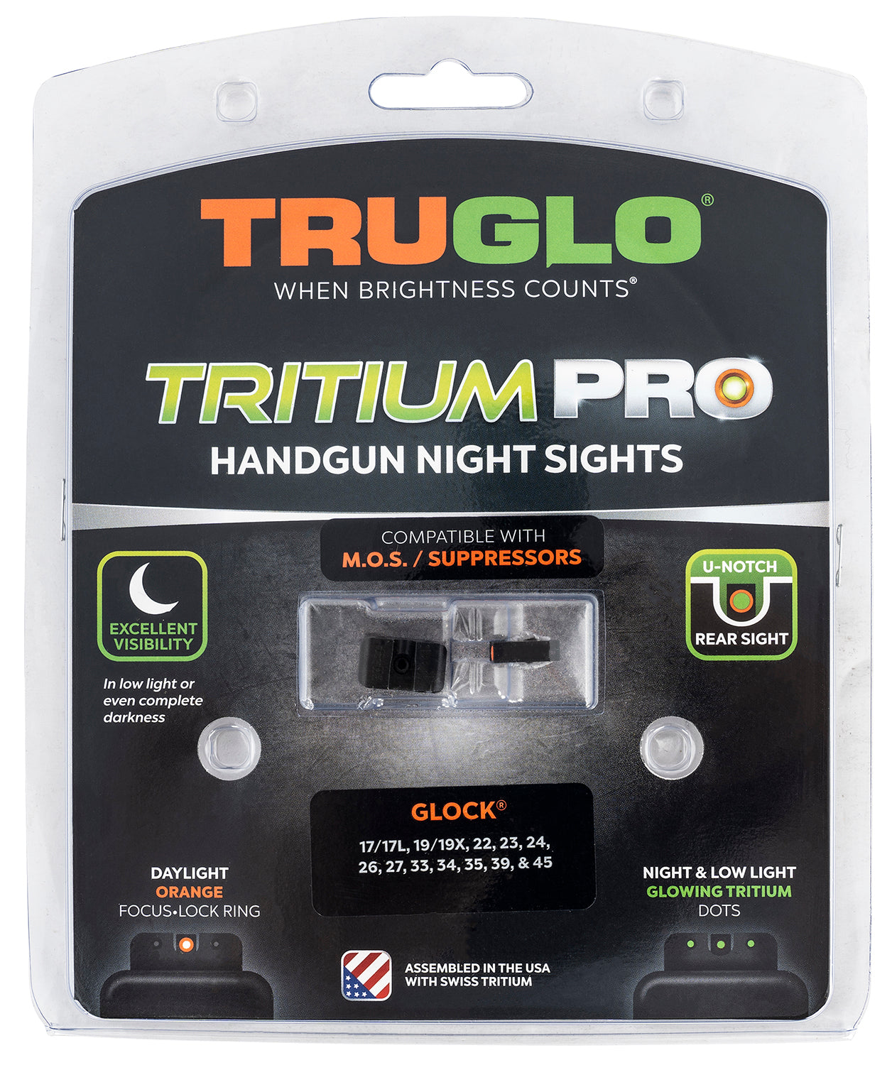 TruGlo TG231G1MC Tritium Pro Black Green Tritium Orange Dot Front & Rear Night Sight Set for Handguns