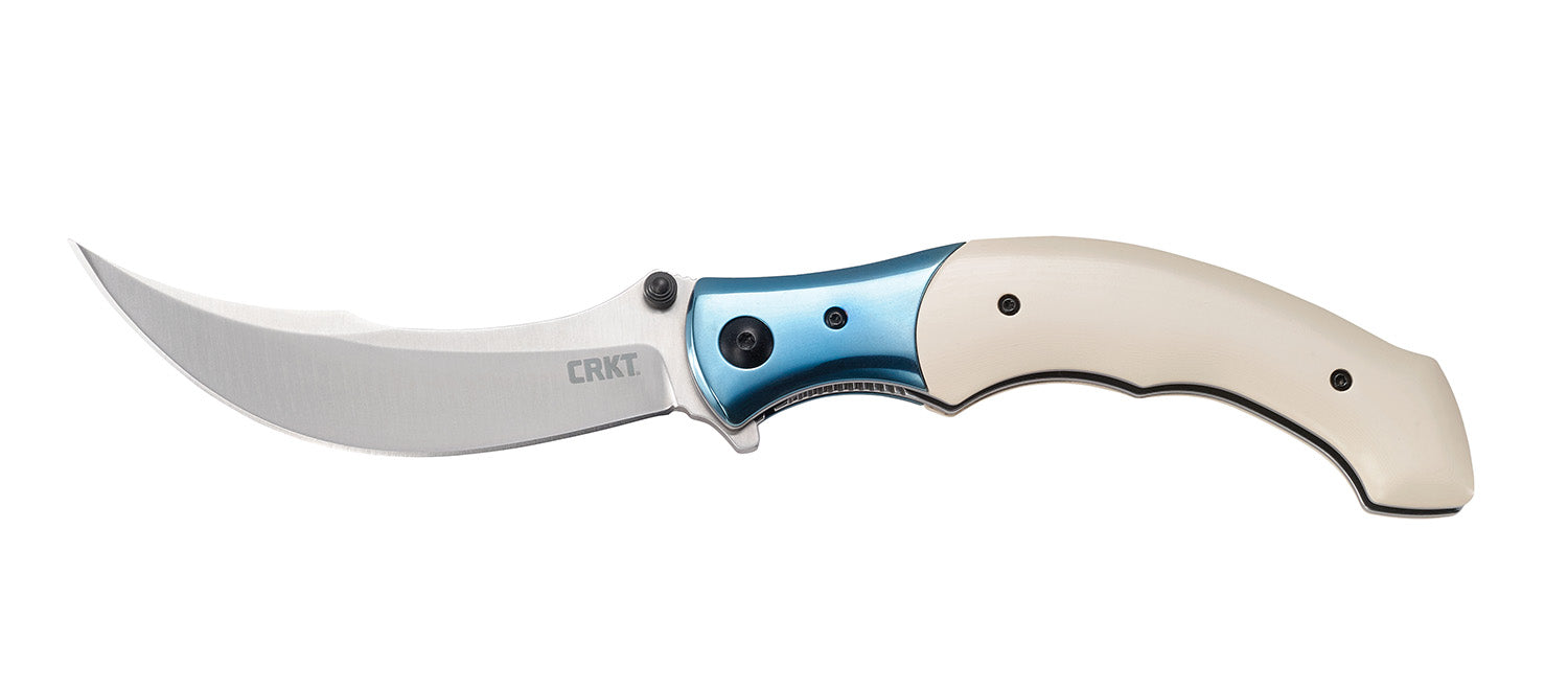 CRKT Ritual Folding Pocket Knife 4.37" 12C27 Sandvik Satin Blade Ivory/Blue Resin Infused Handle SS Bolster