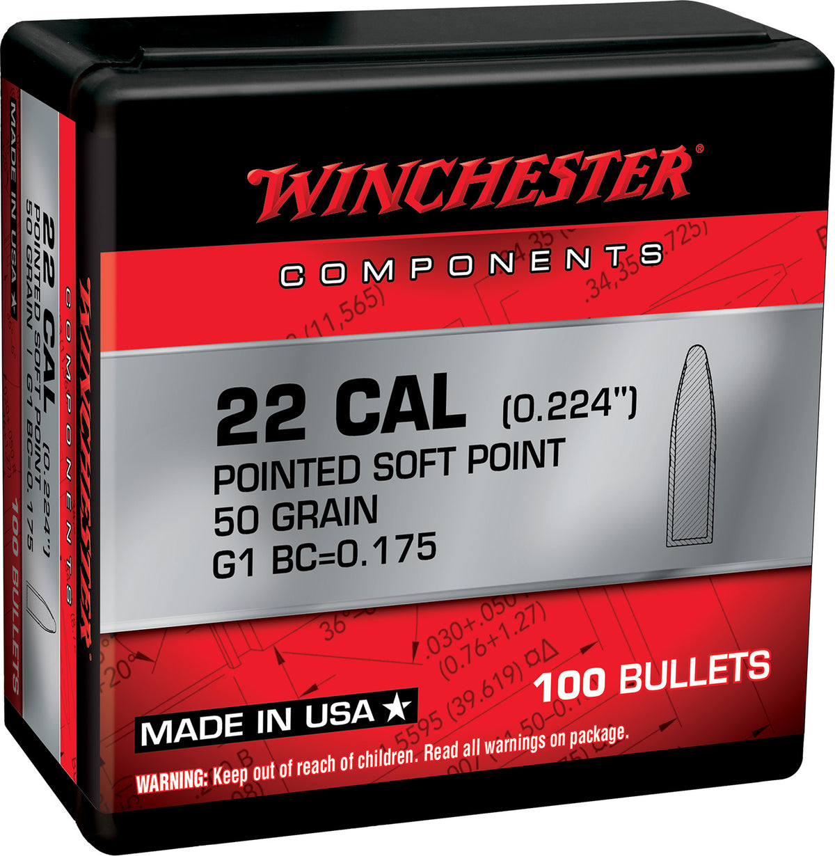 Winchester .222 Rem 50gr Pointed Soft Point Component Rifle Bullets 100/Box