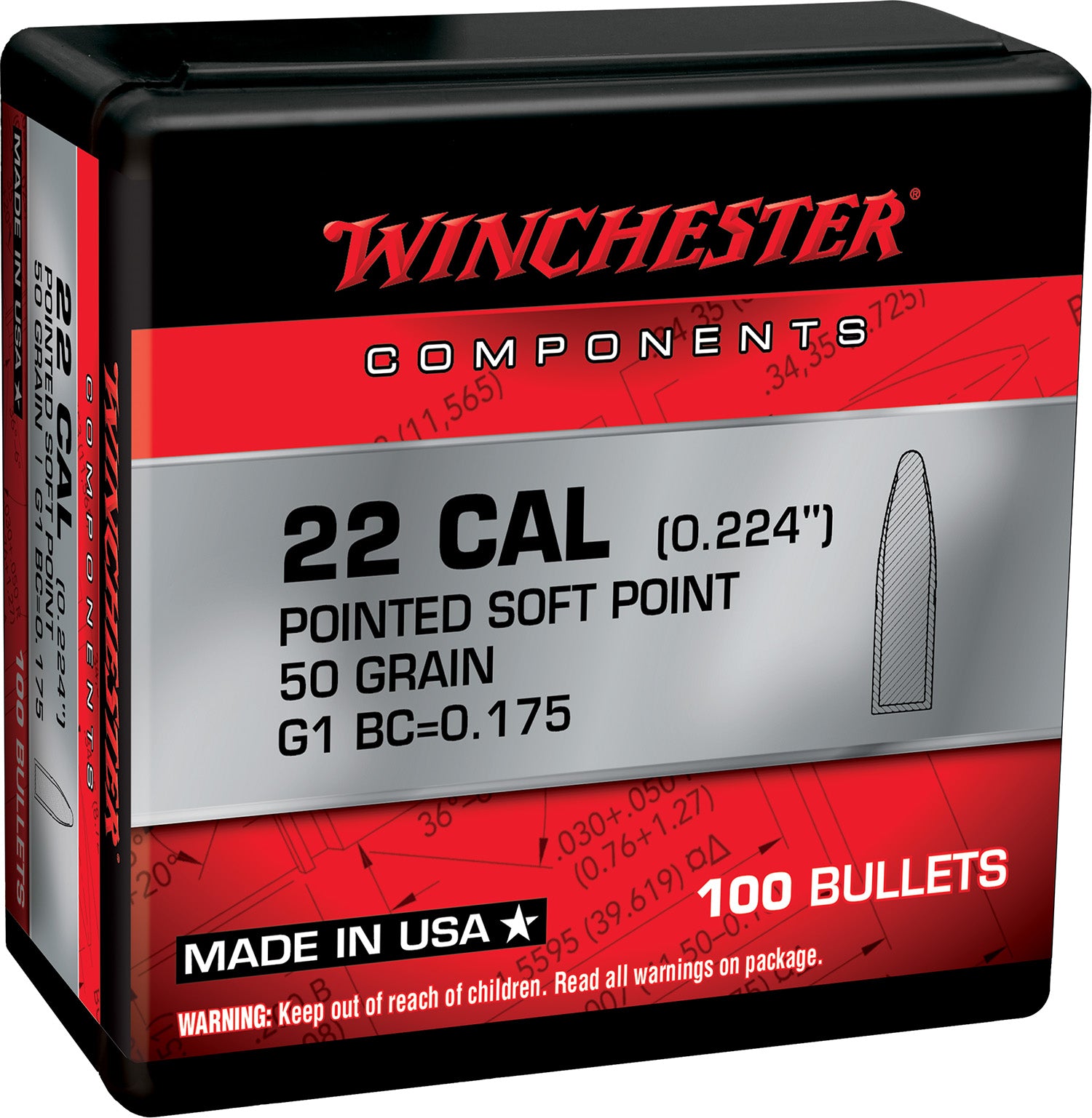 Winchester .222 Rem 50gr Pointed Soft Point Component Rifle Bullets 100/Box