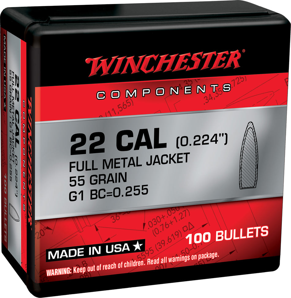 Winchester 5.56x45mm NATO 55gr FMJ Boat Tail Component Rifle Bullets 100/Box
