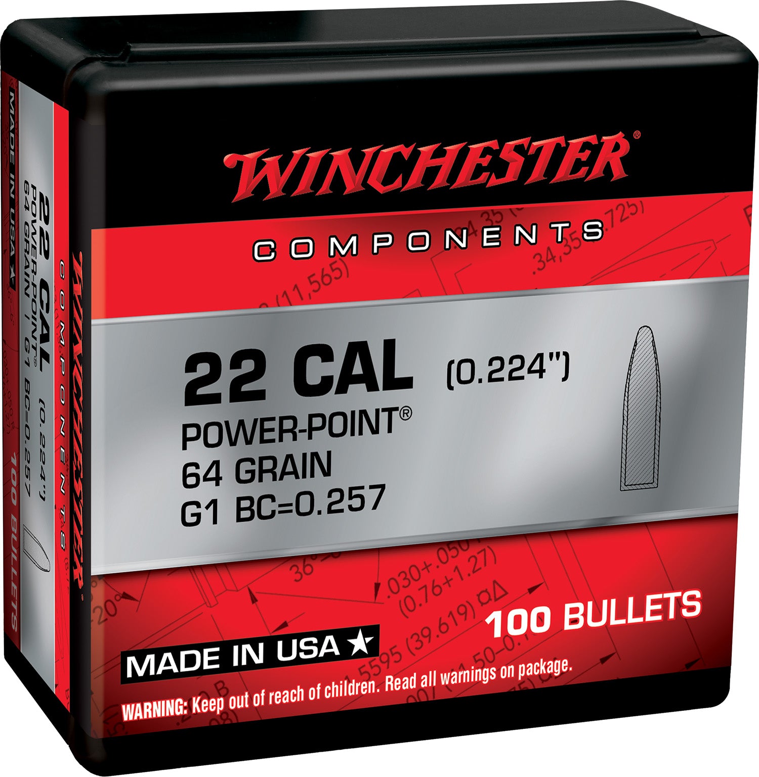 Winchester .223 Rem 64gr Power Point Component Rifle Bullets 100/Box