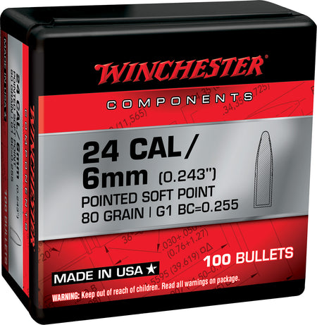 Winchester .243 Win 80gr Pointed Soft Point Component Rifle Bullets 100/Box