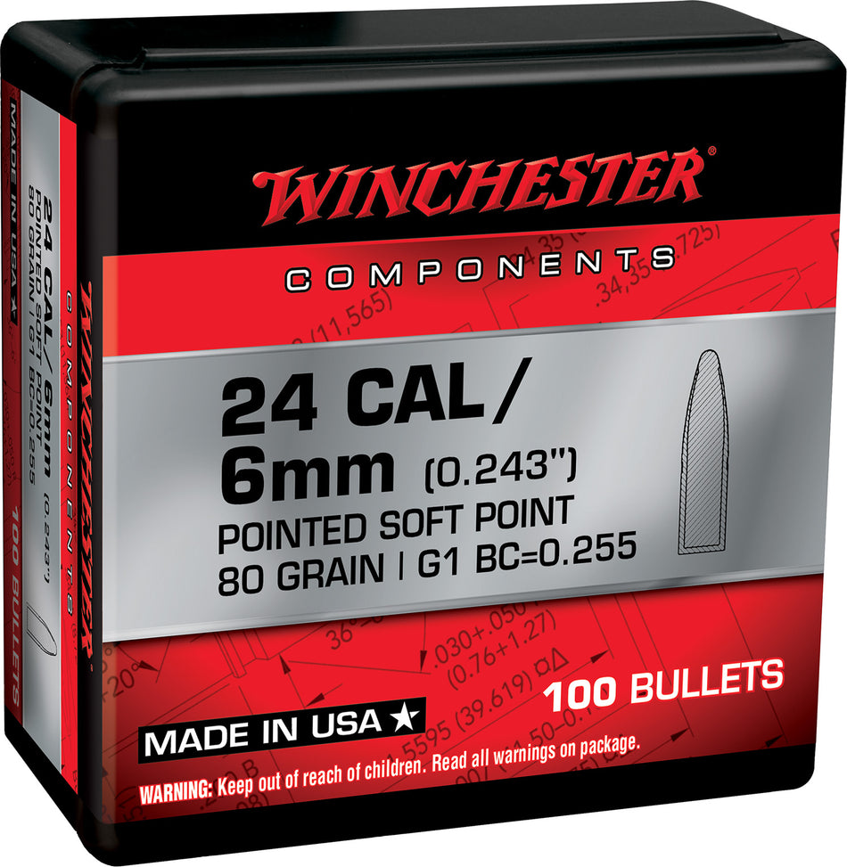 Winchester .243 Win 80gr Pointed Soft Point Component Rifle Bullets 100/Box