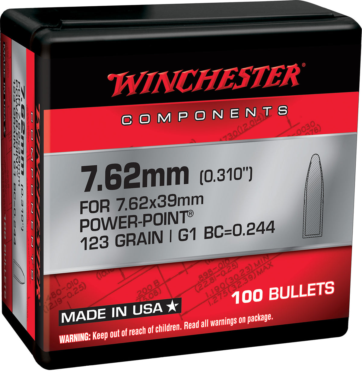 Winchester 7.62mm 123gr Power Point Component Rifle Bullets 100/Box