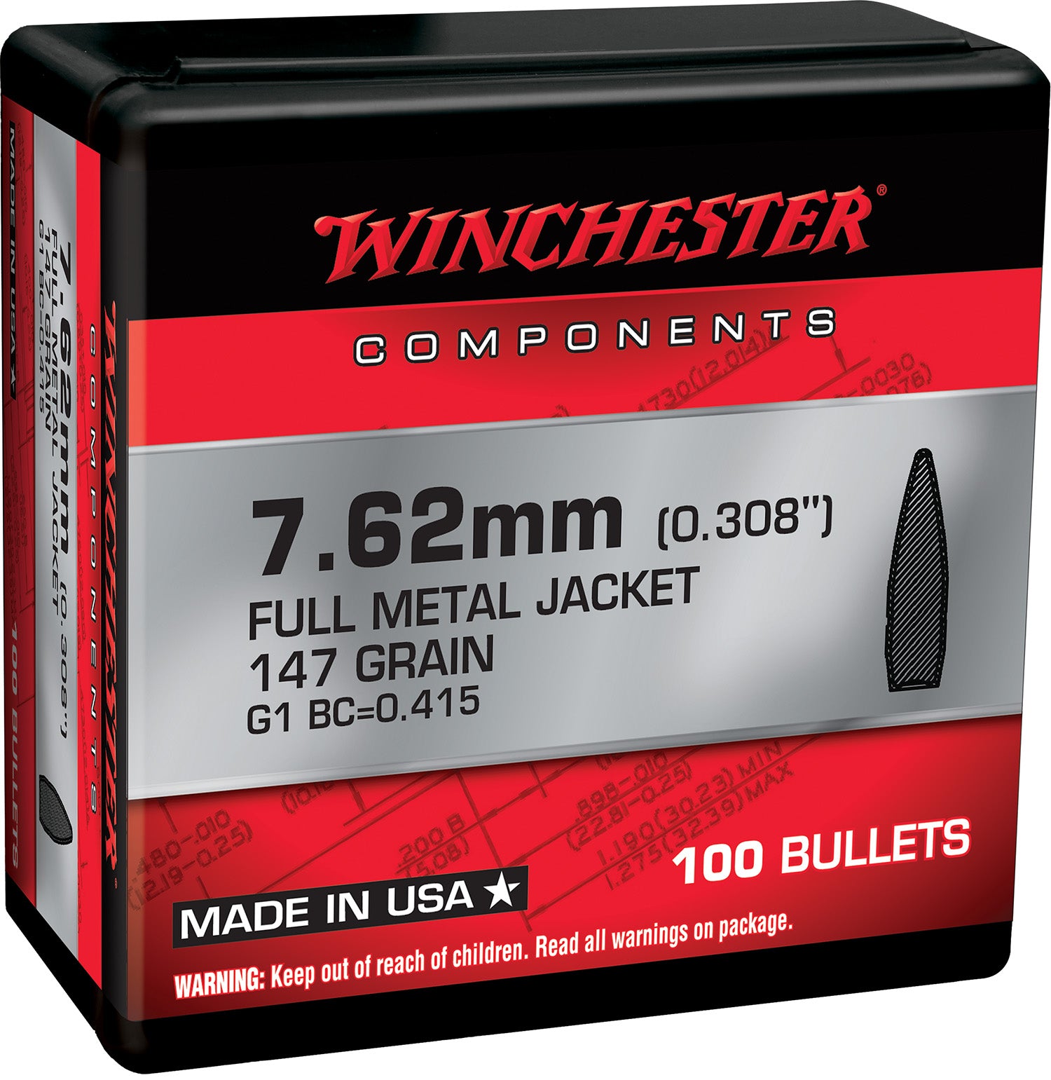 Winchester WB762M147X 7.62mm 147gr FMJ Boat Tail Centerfire Rifle Reloading Bullets 100/Box