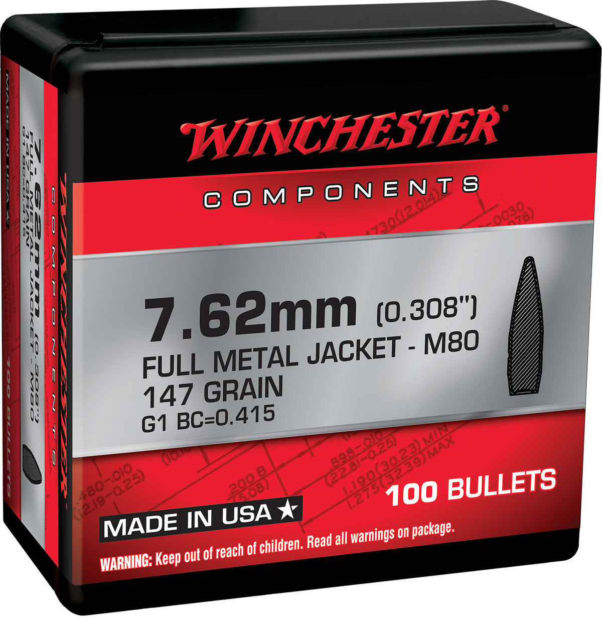 Winchester WB762147NX 308Win 7.62x51mm NATO 147gr FMJ Centerfire Rifle Bullets 100/Box