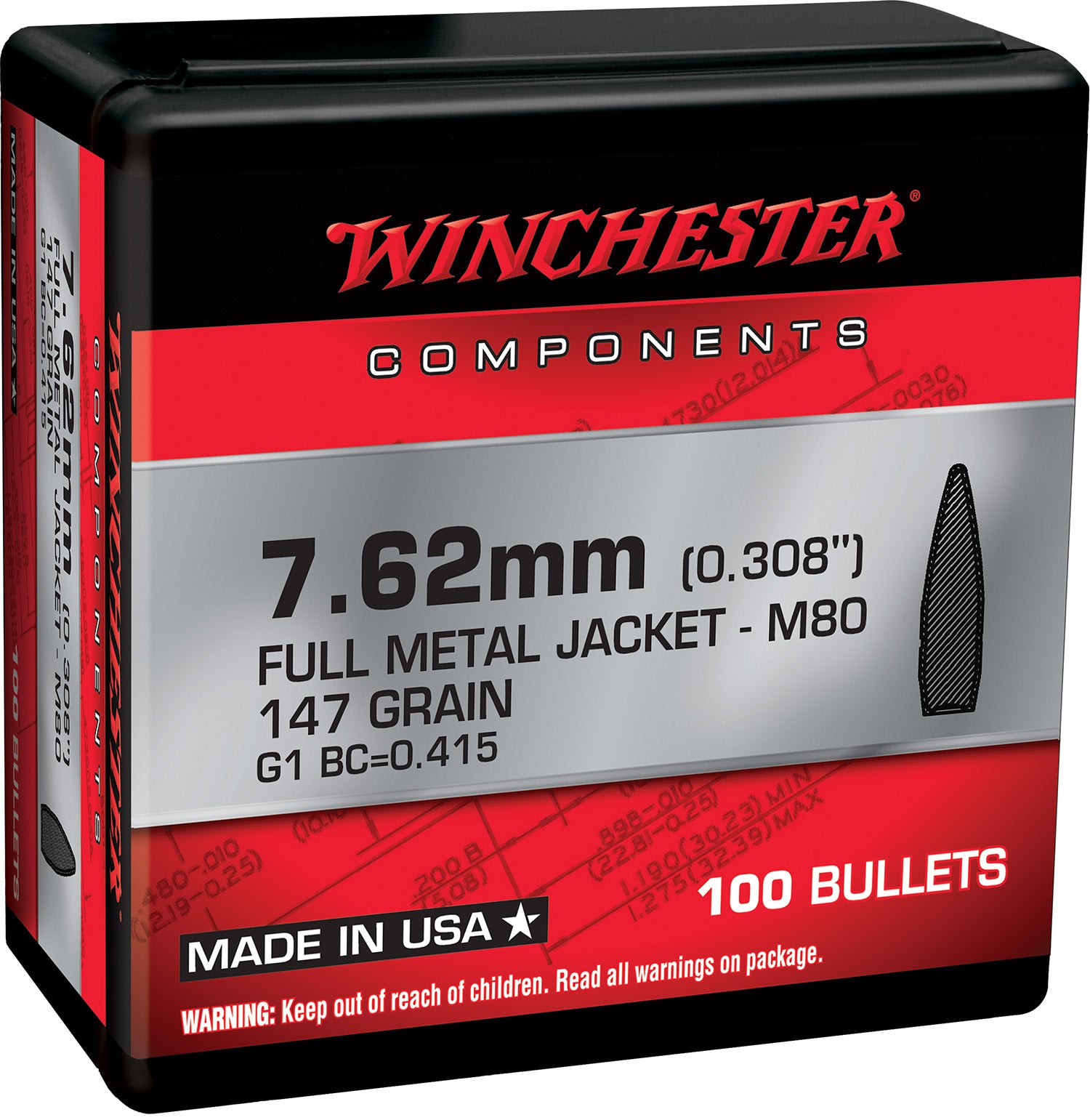 Winchester WB762147NX 308Win 7.62x51mm NATO 147gr FMJ Centerfire Rifle Bullets 100/Box