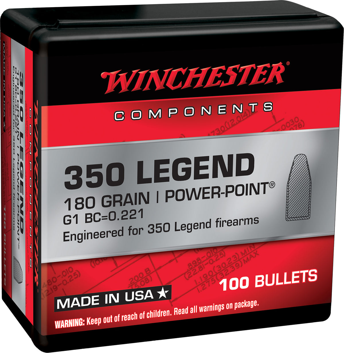 Winchester WB350P180X 350 Legend 180gr Power Point Centerfire Rifle Reloading Bullets 100/Box