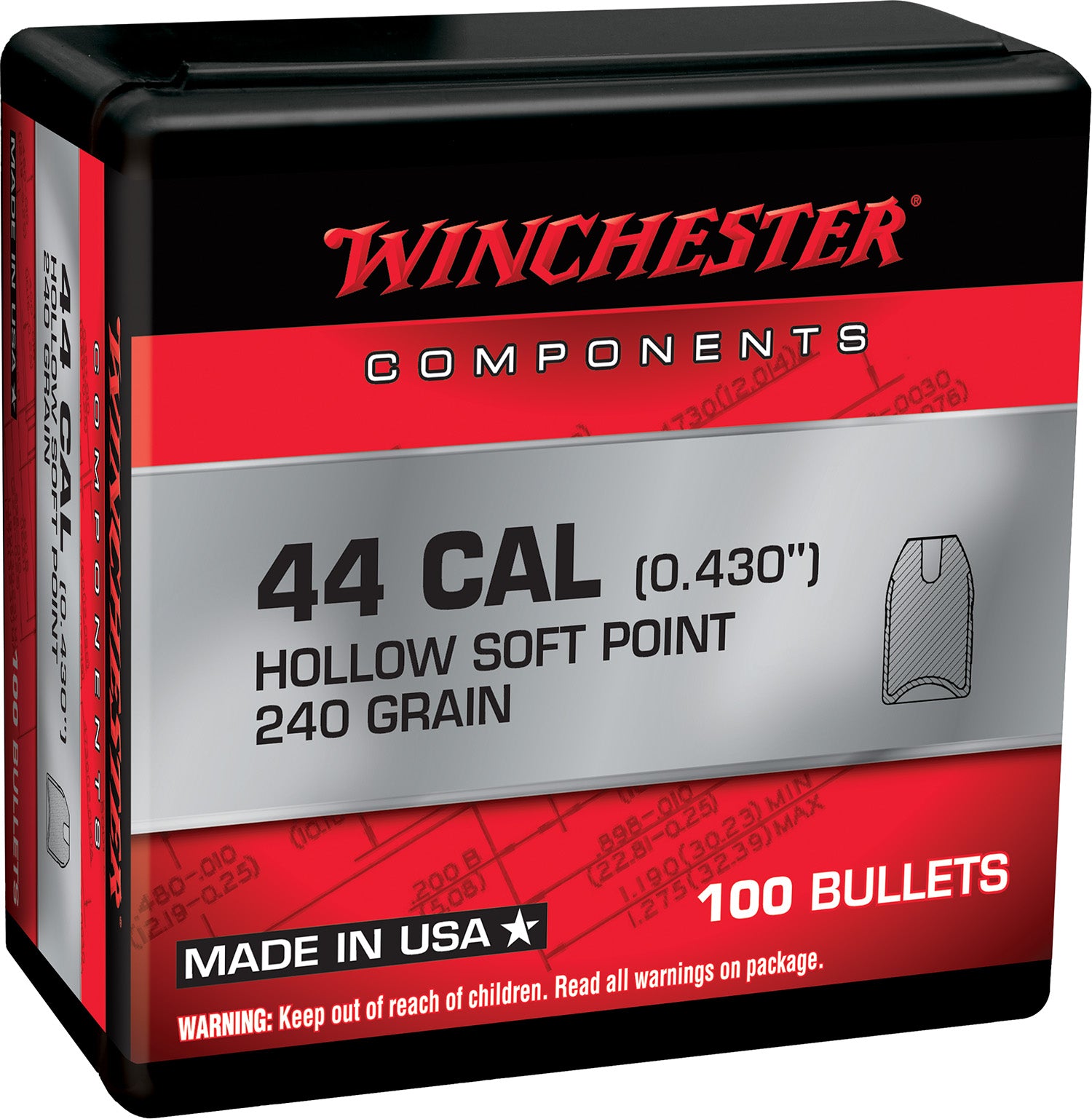 Winchester WB44SP240X 44 Special 240gr Soft Point Centerfire Handgun Reloading Bullets 100/Box
