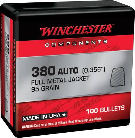 Winchester WB380MC95X 380 ACP 95gr Full Metal Jacket Centerfire Handgun Reloading Bullets 100/Box