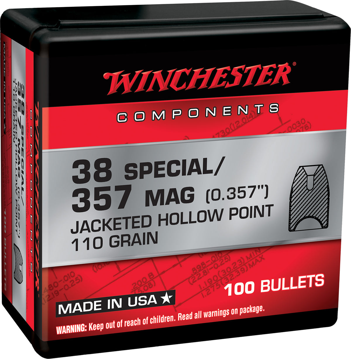 Winchester WB38HP110X 38 Special 110gr Jacketed Hollow Point Centerfire Handgun Reloading Bullets 100/Box